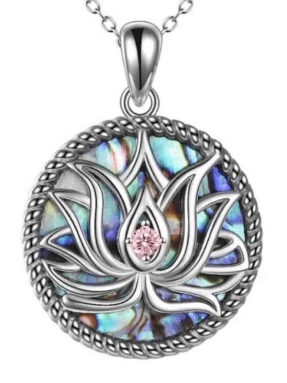 Lotus Shell Inlay Pendant Necklace Stainless Steel Round Medallion 18” Chain - Picture 5 of 5